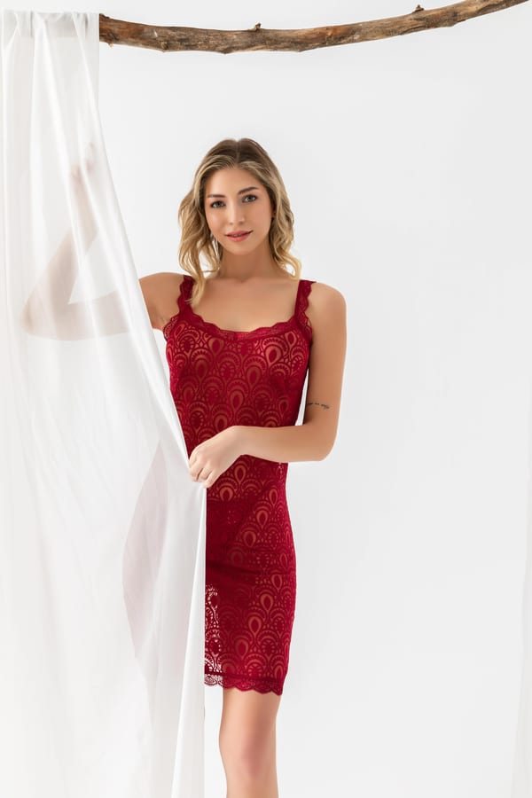 Devore Transparan Babydoll String Takım Bordo